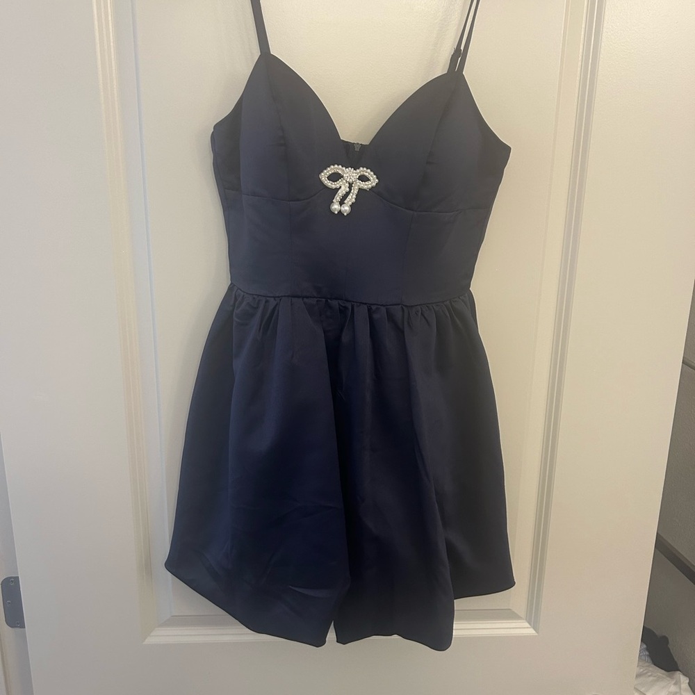 Speechless Nordstrom Navy Pearl-Bow Spaghetti-Strap Dress Romper